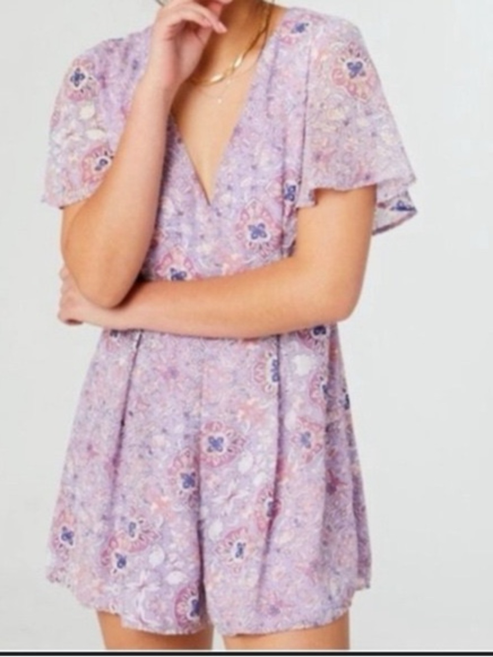 Altar’d State Paisley Lavender Boho Chic Romper Floral V-Neck Flutter Sleeve